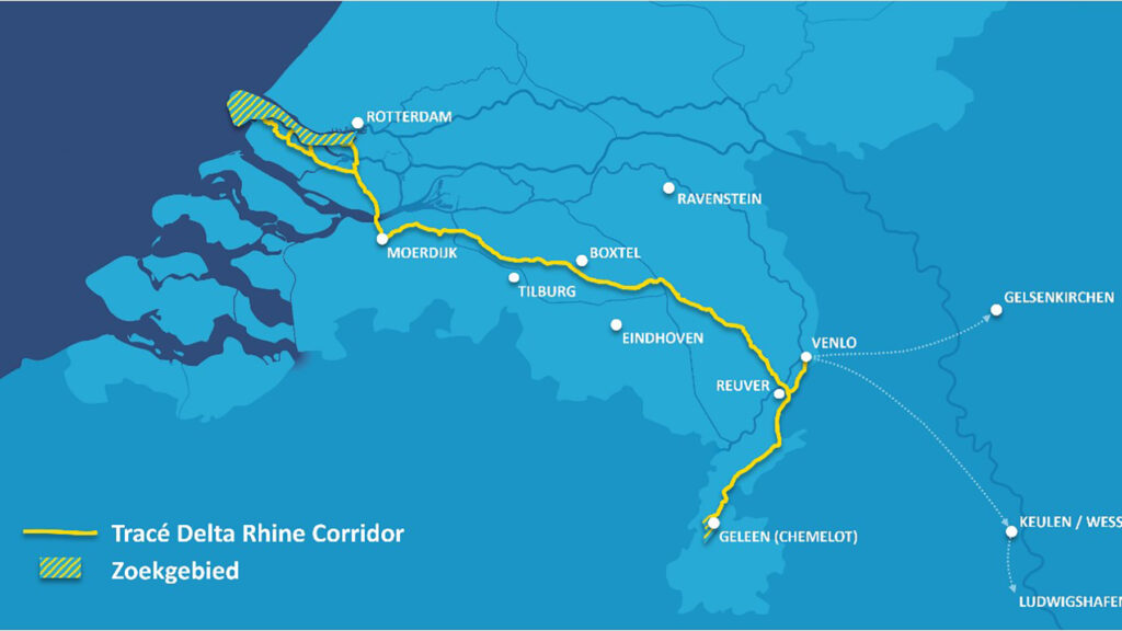 De voorgenomen loop van de Delta Rhine Corridor op de kaart van Zuid-Nederland