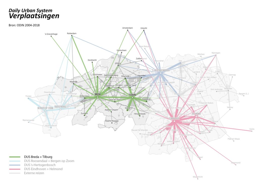 Visualisatie van het daily urban system in Nederland, waaruit veel verbinding tussen de gebieden Breda en Tilburg blijkt.